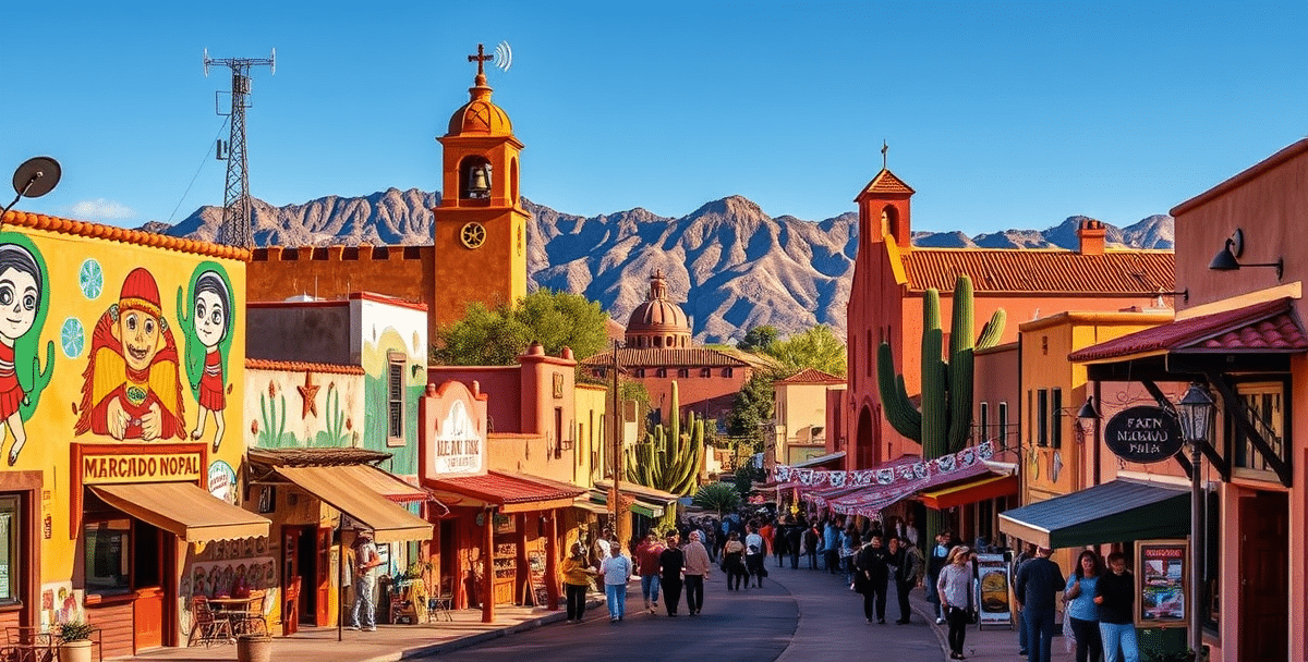 A vibrant street scene in barrio nopal, tucson, az (85734), showcasing colorful murals depicting local mexican heritage and indigenous motifs adorning the walls