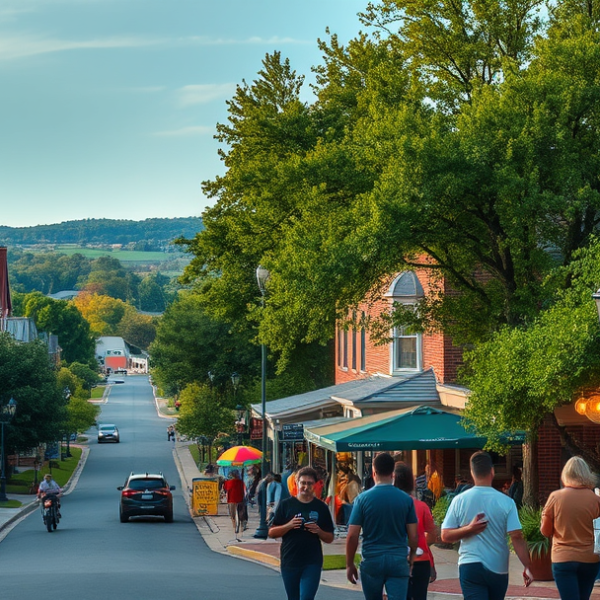 AT&T Coverage, Stores & Plans in Bartlett, Memphis TN 38133 A vibrant street scene in Bartlett, Memphis TN 38133, showcasing a suburban neighborhood with charming brick houses featuring steep roofs and inviting porches,