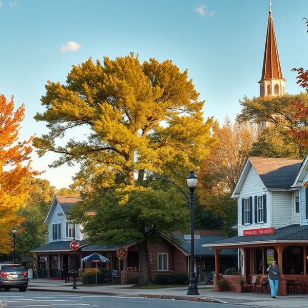 AT&T Coverage, Stores & Plans in Bartonville, Peoria IL 61607 A vibrant street scene in Bartonville, Peoria, IL 61607, showcasing a cozy neighborhood with charming mid-century houses and modern ranch-style homes, surrounde