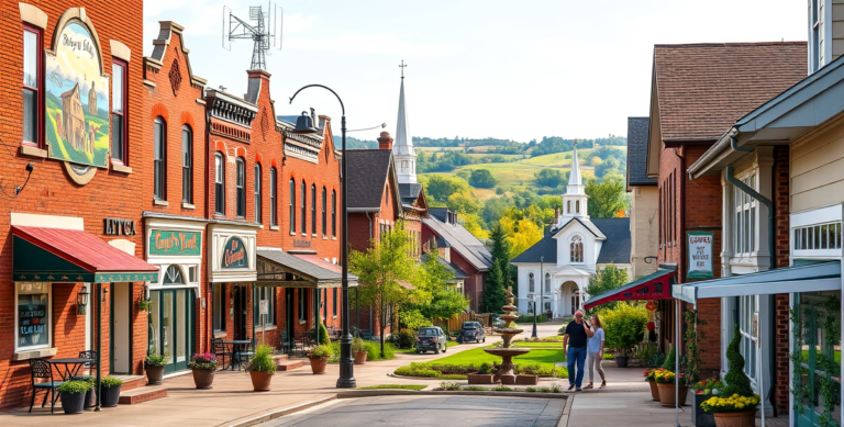 A vibrant street scene in Bath Township, Lima, Ohio, 45801, showcasing charming early-20th-century brick houses with inviting porches and colorful murals depict