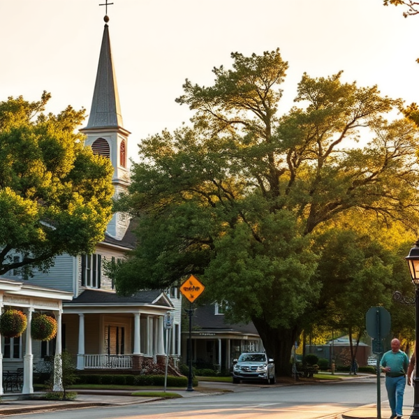 AT&T Coverage, Stores & Plans in Bawcomville, Monroe LA 71210 A vibrant street scene in Bawcomville, Monroe, LA (71210), showcasing a cozy neighborhood with historic Craftsman and bungalow-style houses, their porches adorn