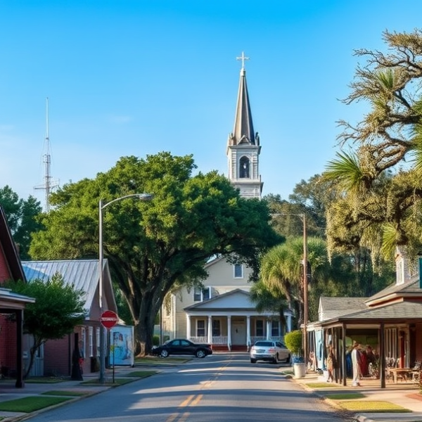 AT&T Coverage, Stores & Plans in Bawcomville, Monroe LA 71213 A vibrant street scene in Bawcomville, Monroe, LA 71213, showcasing charming early-20th-century cottages with southern porches and colorful murals honoring loca