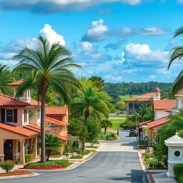 AT&T Coverage, Stores & Plans in Bay Hill, Orlando FL 32821 A vibrant street scene in Bay Hill, Orlando, FL 32821, featuring lush greenery and mature palm trees lining quiet residential streets with Mediterranean Revival