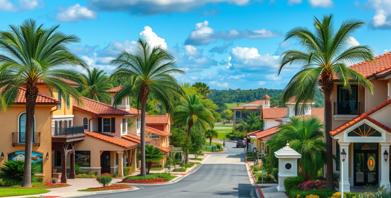 A vibrant street scene in Bay Hill, Orlando, FL 32821, featuring lush greenery and mature palm trees lining quiet residential streets with Mediterranean Revival