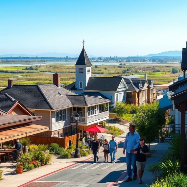 T-Mobile Plans, Coverage & Stores in Baylands, Fremont CA 94538 A vibrant street scene in Baylands, Fremont, CA 94538, showcasing a blend of natural and urban elements: lush marshlands and tidal pools visible in the distance