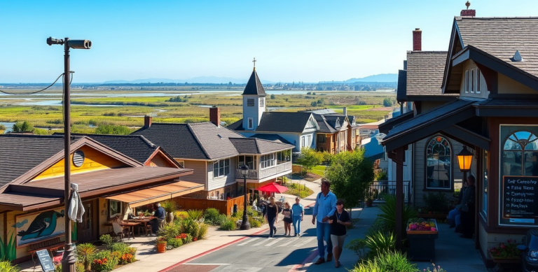 A vibrant street scene in Baylands, Fremont, CA 94538, showcasing a blend of natural and urban elements: lush marshlands and tidal pools visible in the distance