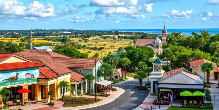 A vibrant street scene in Bayonet Point, Brooksville, FL (34610), showcasing a suburban neighborhood with charming single-family homes featuring pastel-colored