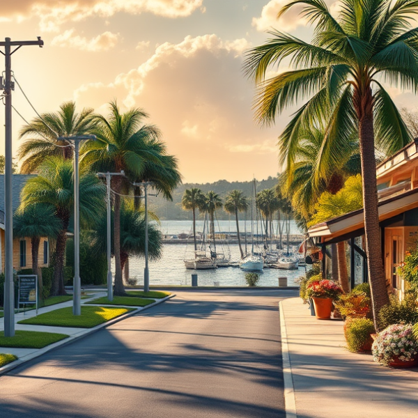 AT&T Coverage, Stores & Plans in Bayshore Gardens, Bradenton FL 34282 A vibrant street scene in Bayshore Gardens, Bradenton, FL (34282), featuring colorful mid-century ranch-style houses with lush tropical landscaping and neatly m