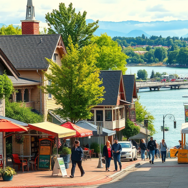 AT&T Coverage, Stores & Plans in Bayside, Everett WA 98206 A vibrant street scene in Bayside, Everett, WA (98206), showcasing a cozy corner café with outdoor seating and a nearby mural of local waterfront history, frame