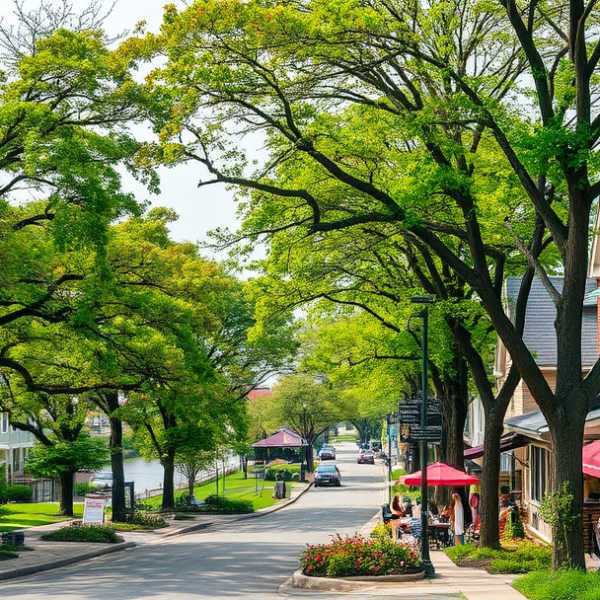 AT&T Coverage, Stores & Plans in Bayside, Milwaukee WI 53217 A vibrant street scene in Bayside, Milwaukee, WI 53217, showcasing tree-lined boulevards shaded by mature oaks and maples, with charming bungalow-style houses f