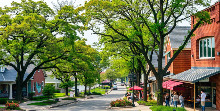 A vibrant street scene in Bayside, Milwaukee, WI 53217, showcasing tree-lined boulevards shaded by mature oaks and maples, with charming bungalow-style houses f