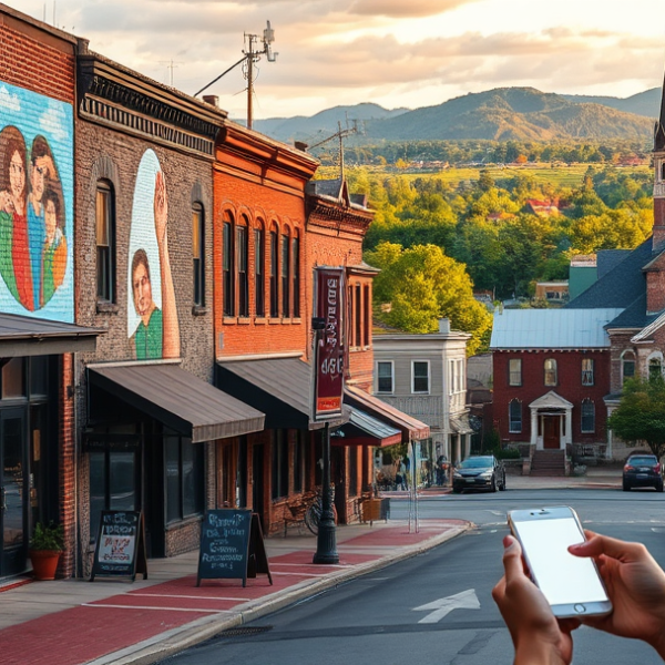 AT&T Coverage, Stores & Plans in Bayview, Nashville TN 37217 A vibrant street scene in Bayview, Nashville, TN 37217, featuring colorful murals depicting local history and community pride on weathered brick walls, with ico