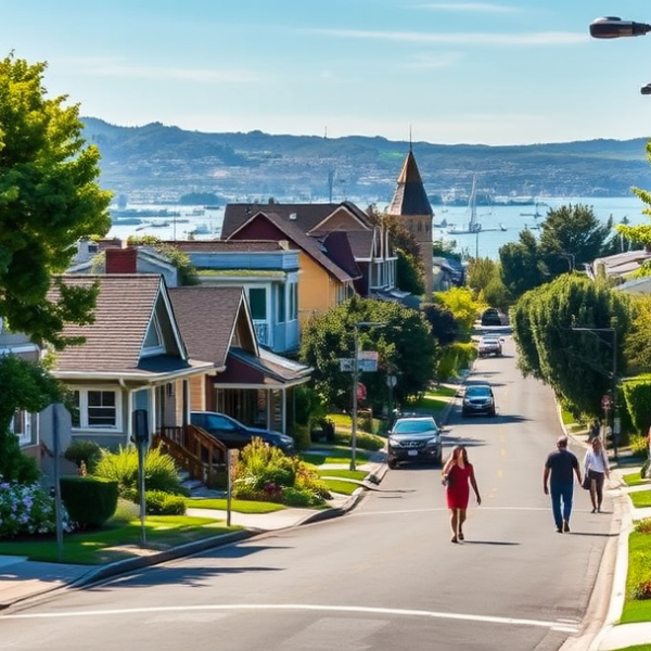 AT&T Coverage, Stores & Plans in Baywood Park, San Mateo CA 94402 A vibrant street scene in Baywood Park, San Mateo, CA 94402, featuring charming mid-century ranch-style homes with colorful facades, lush greenery, and meticulo