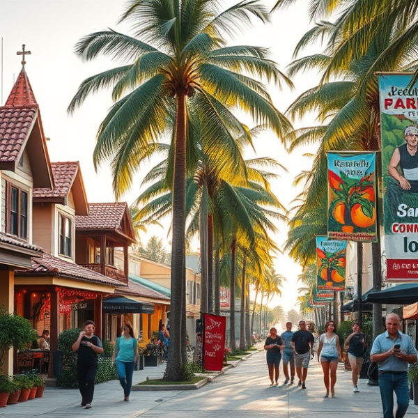 T-Mobile Plans, Coverage & Stores in Beach Park, Tampa FL 33609 A vibrant street scene in Beach Park, Tampa, FL 33609, showcasing lush coastal greenery and palm-lined sidewalks. Quaint, colorful bungalows with Mediterranean