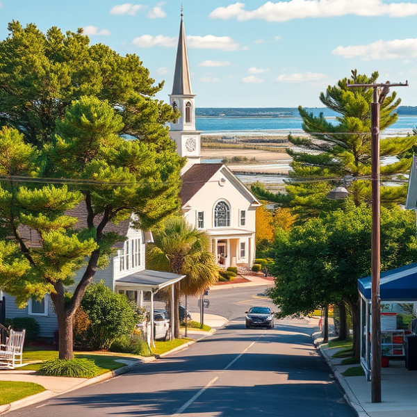 AT&T Coverage, Stores & Plans in Beachwood, Toms River NJ 08753 A vibrant street scene in Beachwood, Toms River, NJ 08753, showcasing a charming neighborhood with colorful houses featuring classic Cape Cod and ranch styles,