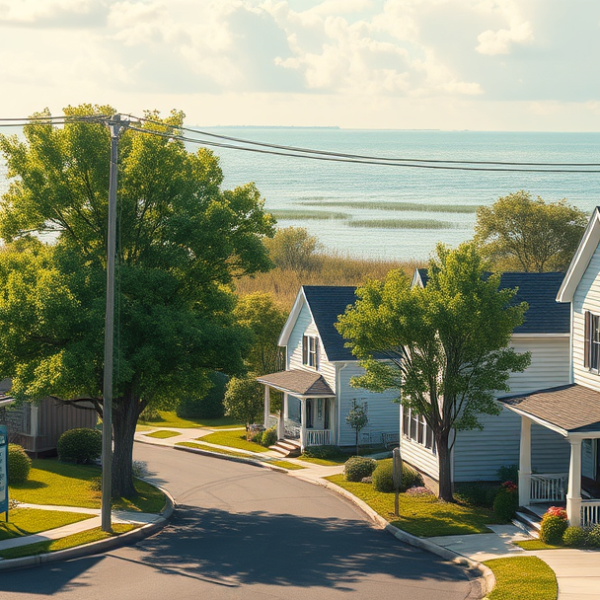 AT&T Coverage, Stores & Plans in Beachwood, Toms River NJ 08755 A realistic street scene in Beachwood, Toms River, NJ 08755, showcasing a charming suburban neighborhood with tree-lined streets and a mix of cozy, well-maintai
