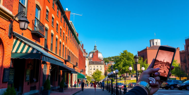 A vibrant street scene in Beacon Hill, Boston MA 02133, showcasing iconic red-brick Federal-style townhouses with wrought-iron balconies and gas-lit lanterns li