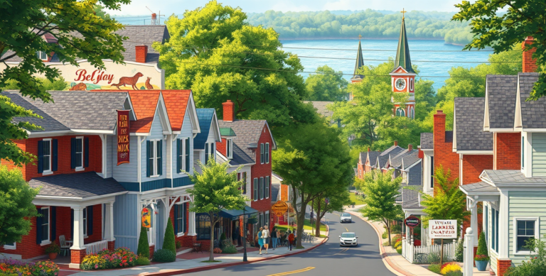 A vibrant street scene in Bear, Newark, DE 19717, showcasing a cozy neighborhood with charming single-family homes featuring traditional American architecture—g