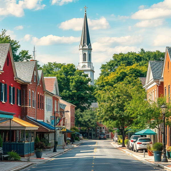 AT&T Coverage, Stores & Plans in Bear, Wilmington DE 19895 A vibrant street scene in Bear, Wilmington, DE 19895, showcasing a cozy neighborhood with charming brick and wood-frame houses featuring colorful shutters and w