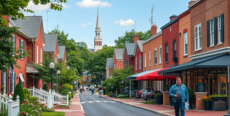 A vibrant street scene in Bear, Wilmington, DE 19897, showcasing a cozy neighborhood with charming mid-century houses featuring brick facades, white picket fenc