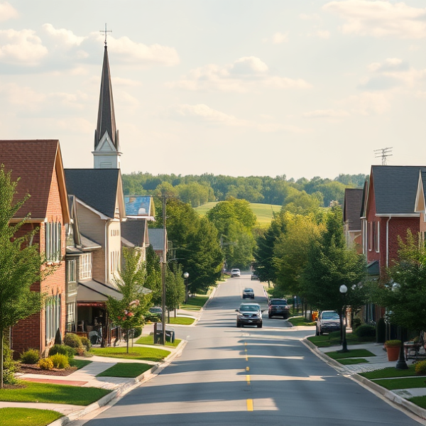 AT&T Coverage, Stores & Plans in Beavercreek, Dayton OH 45431 A vibrant street scene in Beavercreek, Dayton, OH 45431, showcasing a neighborhood with charming mid-century and contemporary homes featuring brick facades, wel