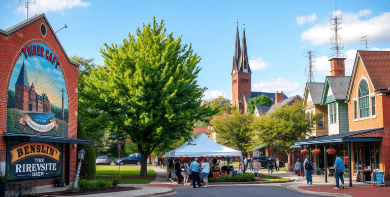 A vibrant street scene in beavercreek township, dayton, oh 45481, showcasing a charming neighborhood with a prominent mural depicting local history on a brick w