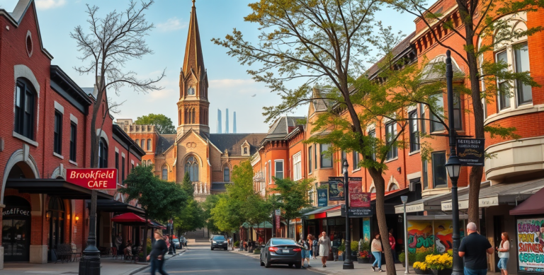 A vibrant street scene in Bedford Park, Chicago IL 60638, showcasing its diverse mid-century brick houses with rounded archways and vintage facades lining tree-