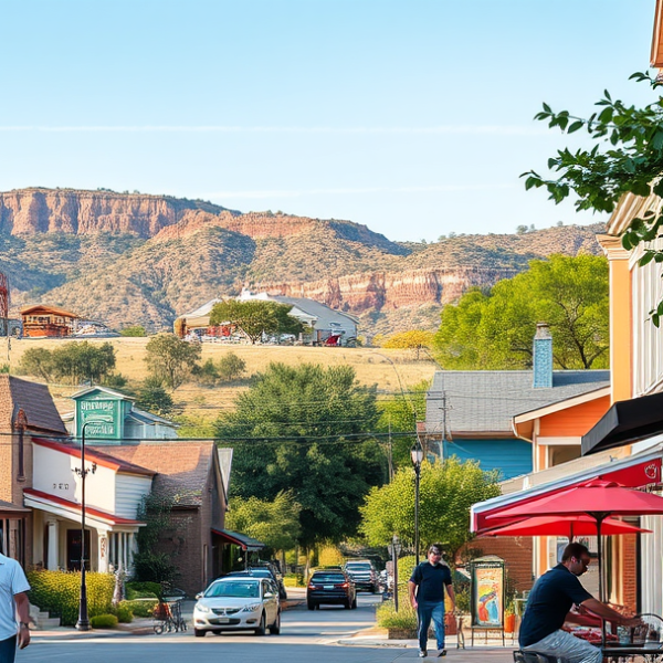 AT&T Coverage, Stores & Plans in Bee Cave, Austin TX 78736 A vibrant street scene in Bee Cave, Austin, TX 78736, showcasing charming ranch-style homes with stucco facades and colorful exteriors, nestled along lush, tree