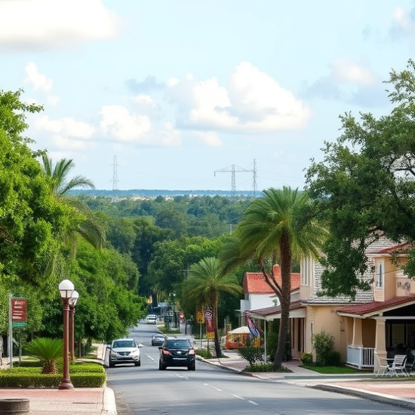 AT&T Coverage, Stores & Plans in Bee Ridge, Sarasota FL 34233 A vibrant street scene in Bee Ridge, Sarasota, FL (zip 34233), showcasing lush greenery and mature oak trees lining the neighborhood. In the foreground, a welco
