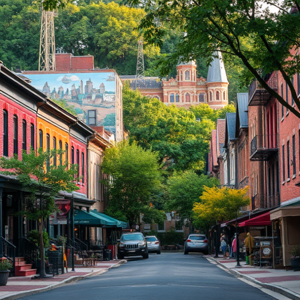 T-Mobile Plans, Coverage & Stores in Beechview, Pittsburgh PA 15216 A vibrant street scene in Beechview, Pittsburgh, PA 15216, showcasing a mix of historic brick houses with charming porches and colorful murals on local building