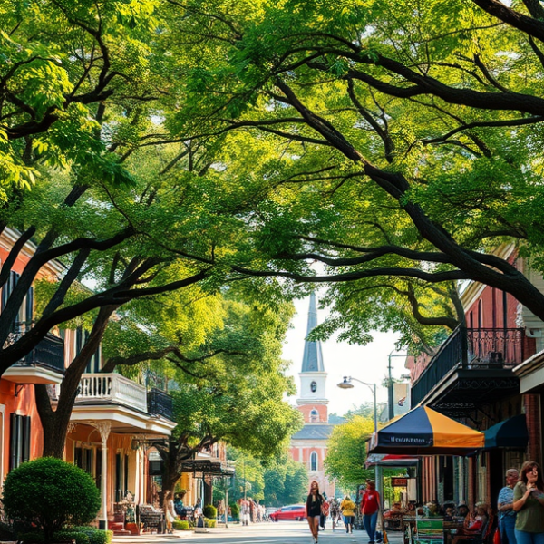 AT&T Coverage, Stores & Plans in Behrman, New Orleans LA 70114 A vibrant street scene in Behrman, New Orleans, LA 70114, showcasing lush green trees lining a quiet residential street with characteristic shotgun houses featu