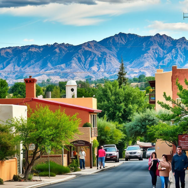 AT&T Coverage, Stores & Plans in Bel-Air, Albuquerque NM 87176 A vibrant street scene in Bel-Air, Albuquerque, NM (87176), showcasing a neighborhood lined with adobe-style houses featuring traditional flat roofs and colorfu