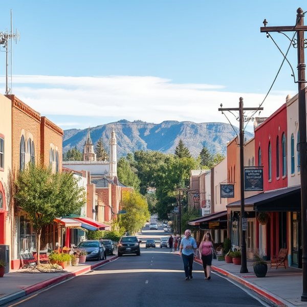 T-Mobile Plans, Coverage & Stores in Bel-Air, Albuquerque NM 87190 A vibrant street scene in Bel-Air, Albuquerque, NM 87190, showcasing colorful murals depicting local history and cultural motifs on building walls, with landmar