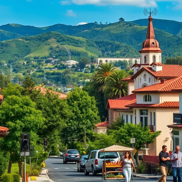 T-Mobile Plans, Coverage & Stores in Bel Air, Los Angeles CA 90077 A vibrant street scene in Bel Air, Los Angeles, CA 90077, featuring lush greenery and rolling hills in the background, with glimpses of the iconic Getty Center