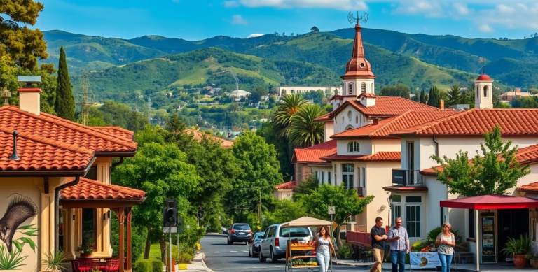 A vibrant street scene in Bel Air, Los Angeles, CA 90077, featuring lush greenery and rolling hills in the background, with glimpses of the iconic Getty Center