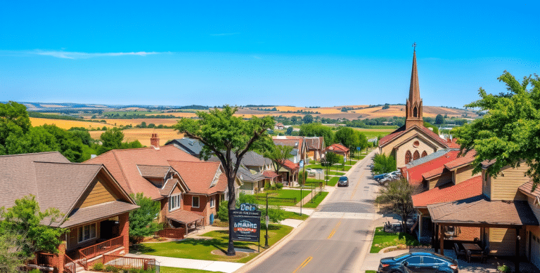 A vibrant street scene in bel aire, wichita, ks 67220, showcasing charming suburban homes with varied architecture—ranch-style houses with brick facades, modern