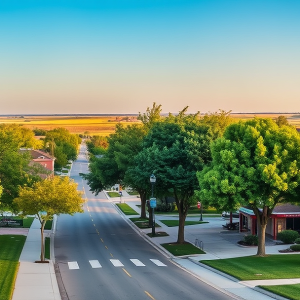 AT&T Coverage, Stores & Plans in Bel Aire, Wichita KS 67226 A vibrant street scene in Bel Aire, Wichita, KS 67226, showcasing lush tree-lined sidewalks and well-manicured lawns. In the background, the Bel Aire City Hall