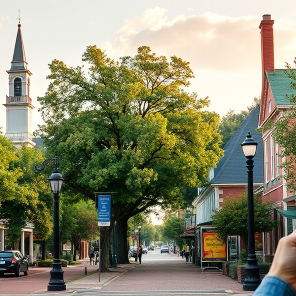 AT&T Coverage, Stores & Plans in Belhaven, Jackson MS 39202 A vibrant street scene in Belhaven, Jackson, MS 39202, showcasing historic Craftsman and Queen Anne houses with lush magnolia trees lining the sidewalks. In the