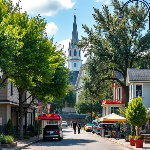 AT&T Coverage, Stores & Plans in Belhaven, Jackson MS 39207 A vibrant street scene in Belhaven, Jackson, MS (39207), featuring historic Craftsman and bungalow-style houses with lush, mature trees lining the sidewalk, and
