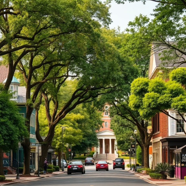 T-Mobile Plans, Coverage & Stores in Belhaven, Jackson MS 39210 A vibrant street scene in Belhaven, Jackson, MS 39210, showcasing historic Craftsman and Queen Anne homes with lush, mature trees lining the sidewalks. In the b