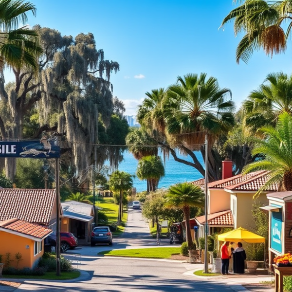 AT&T Coverage, Stores & Plans in Belle Isle, Orlando FL 32809 A vibrant street scene in Belle Isle, Orlando, FL (32809), showcasing a mix of colorful mid-century ranch homes and charming bungalows with lush tropical landsc