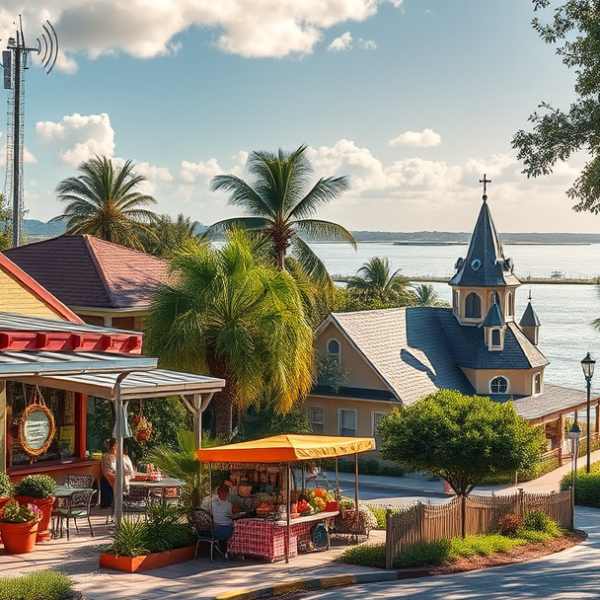 AT&T Coverage, Stores & Plans in Belle Isle, Orlando FL 32812 A vibrant street scene in Belle Isle, Orlando, FL 32812, showcasing a neighborhood filled with colorful mid-century ranch houses and lush tropical landscaping,