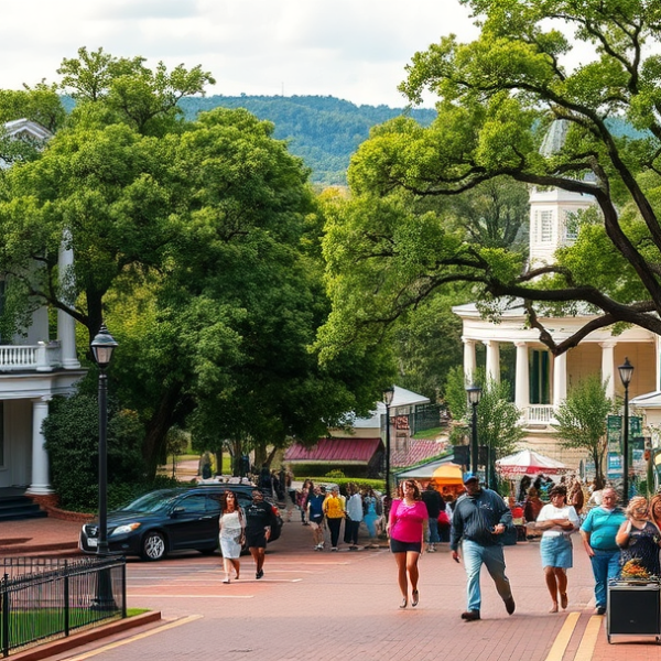AT&T Coverage, Stores & Plans in Belle Meade, Nashville TN 37222 A vibrant street scene in Belle Meade, Nashville TN 37222, showcasing stately historic homes with grand columns and lush, manicured lawns, surrounded by mature