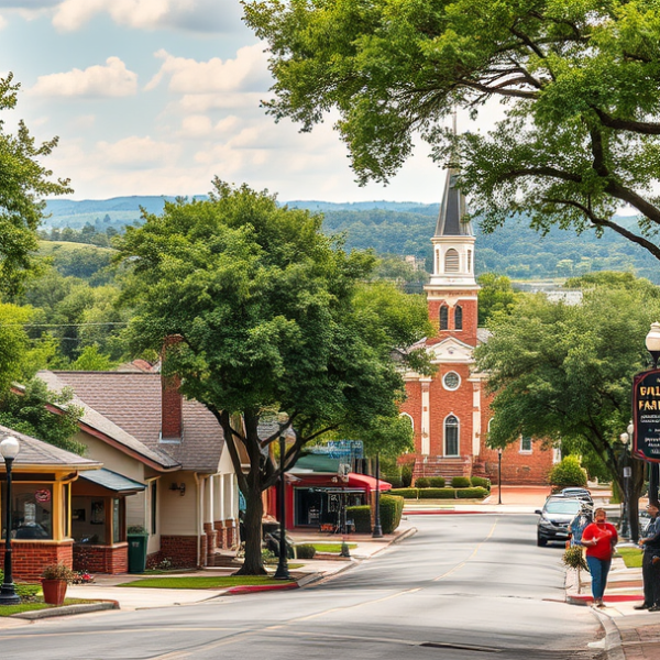 AT&T Coverage, Stores & Plans in Bellmead, Waco TX 76704 A vibrant street scene in Bellmead, Waco, TX (zip 76704), showcasing a charming neighborhood with mid-century ranch homes and colorful brick facades, lush matur