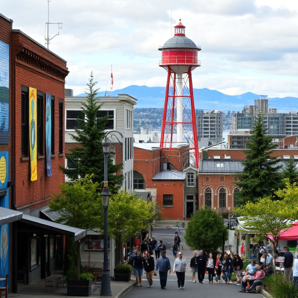 T-Mobile Plans, Coverage & Stores in Belltown, Seattle WA 98121 A vibrant street scene in Belltown, Seattle, WA 98121, featuring colorful murals of maritime history and abstract art adorning brick walls, with the iconic Elli
