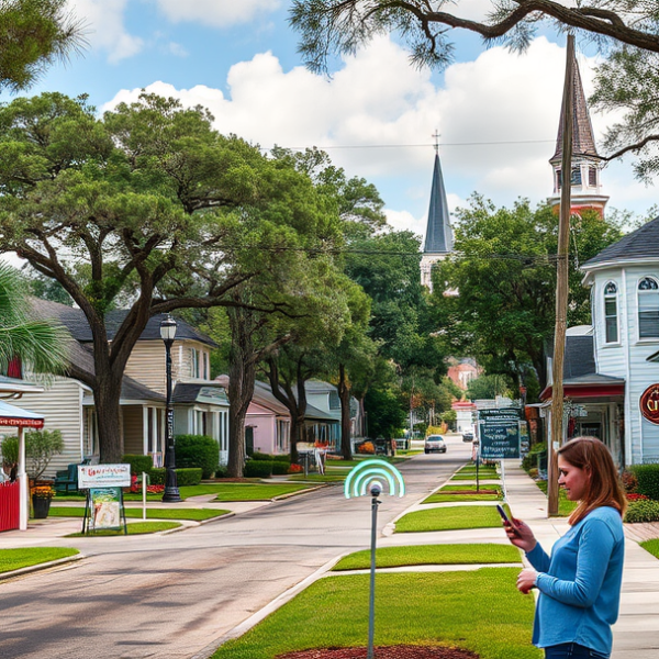 AT&T Coverage, Stores & Plans in Bellview, Pensacola FL 32526 A vibrant street scene in Bellview, Pensacola, FL 32526, showcasing a friendly neighborhood with colorful, modest single-family homes featuring pastel siding an