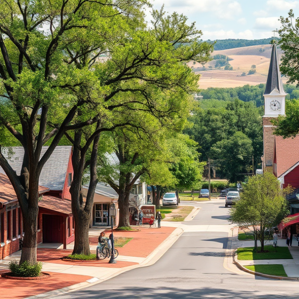 AT&T Coverage, Stores & Plans in Belton, Temple TX 76502 A vibrant street scene in Belton, TX (76502), showcasing charming historic houses with red brick facades and white trim, nestled along tree-lined streets with l