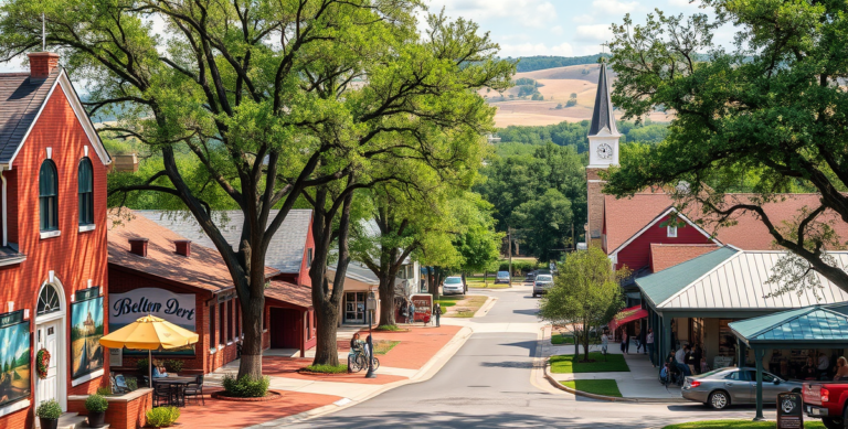 A vibrant street scene in Belton, TX (76502), showcasing charming historic houses with red brick facades and white trim, nestled along tree-lined streets with l