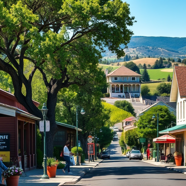 AT&T Coverage, Stores & Plans in Bennett Valley, Santa Rosa CA 95404 A vibrant street scene in Bennett Valley, Santa Rosa, CA 95404, capturing a lush neighborhood with tree-lined streets and rolling hills in the distance. In the