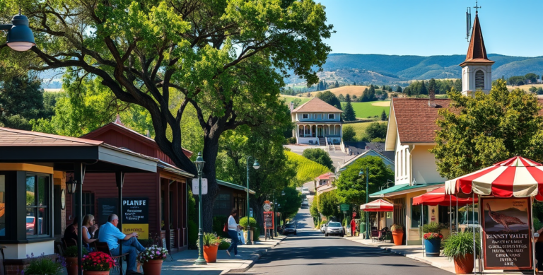 A vibrant street scene in Bennett Valley, Santa Rosa, CA 95404, capturing a lush neighborhood with tree-lined streets and rolling hills in the distance. In the